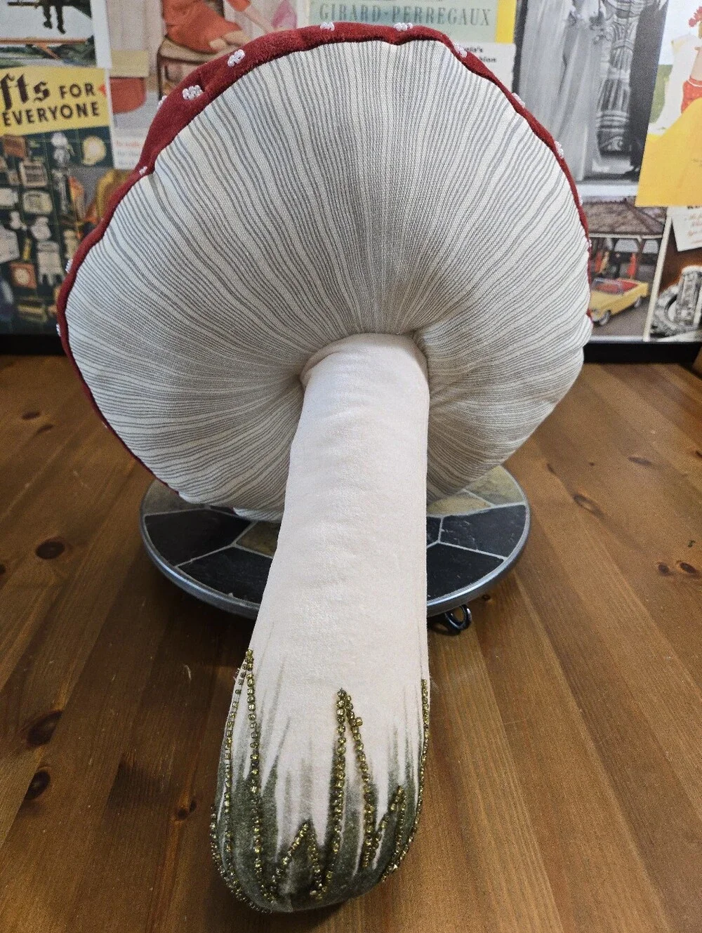 John Derian Red & White Mushroom Plush Decorative Beaded Throw Pillow Fall Decor